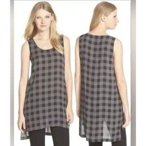 Eileen‎ Fisher Silk Tunic M Black Gray Buffalo Plaid Sleeveless Long Hi-lo Hem